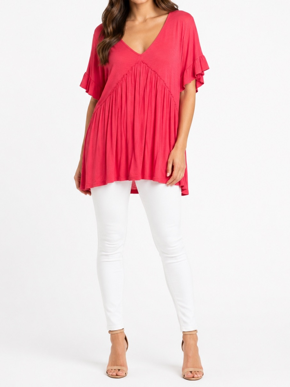 HEIMISH USA V-Neck Ruffle Sleeve Pleated Babydoll Tunic Top